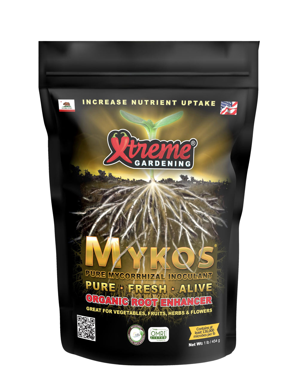 Xtreme Gardening Mykos Pure front package showing label and 1 lb size, promotes healthier roots