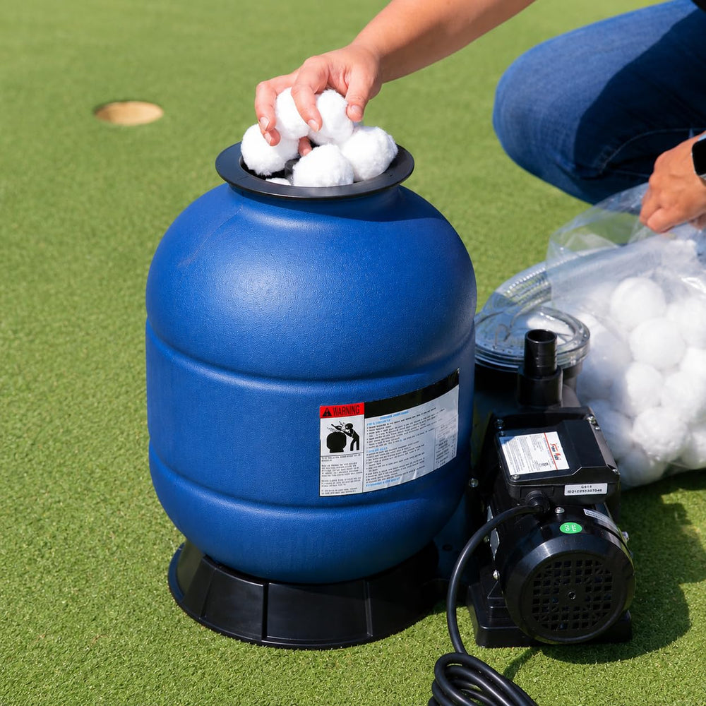 XtremepowerUS sand filter installed next to an above-ground pool for clear water circulation