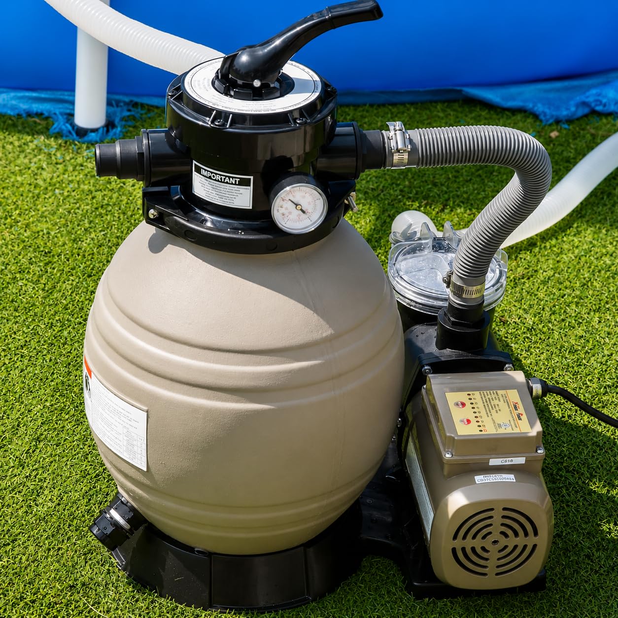 XtremepowerUS front view of sand filter pump showing compact design and brand benefits