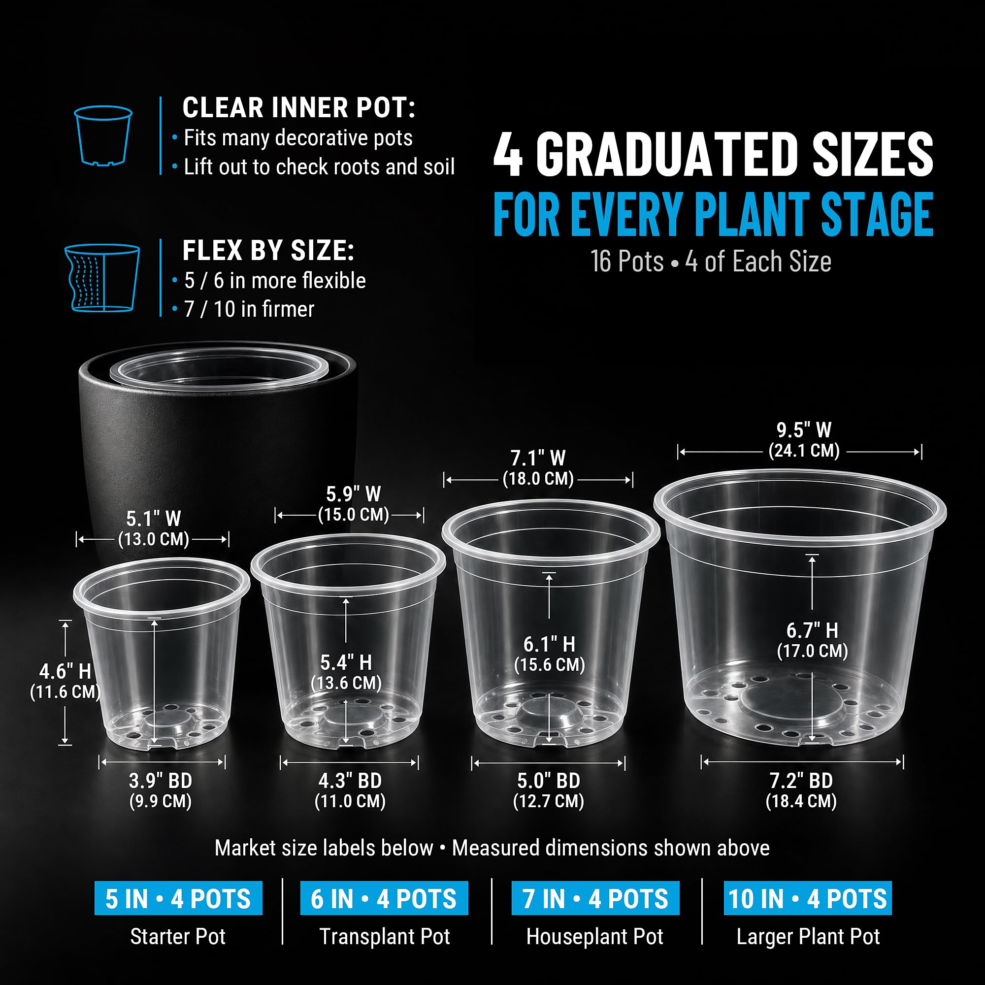 XTrovbok size array with 5, 6, 7 and 10 inch clear pots illustrating scale