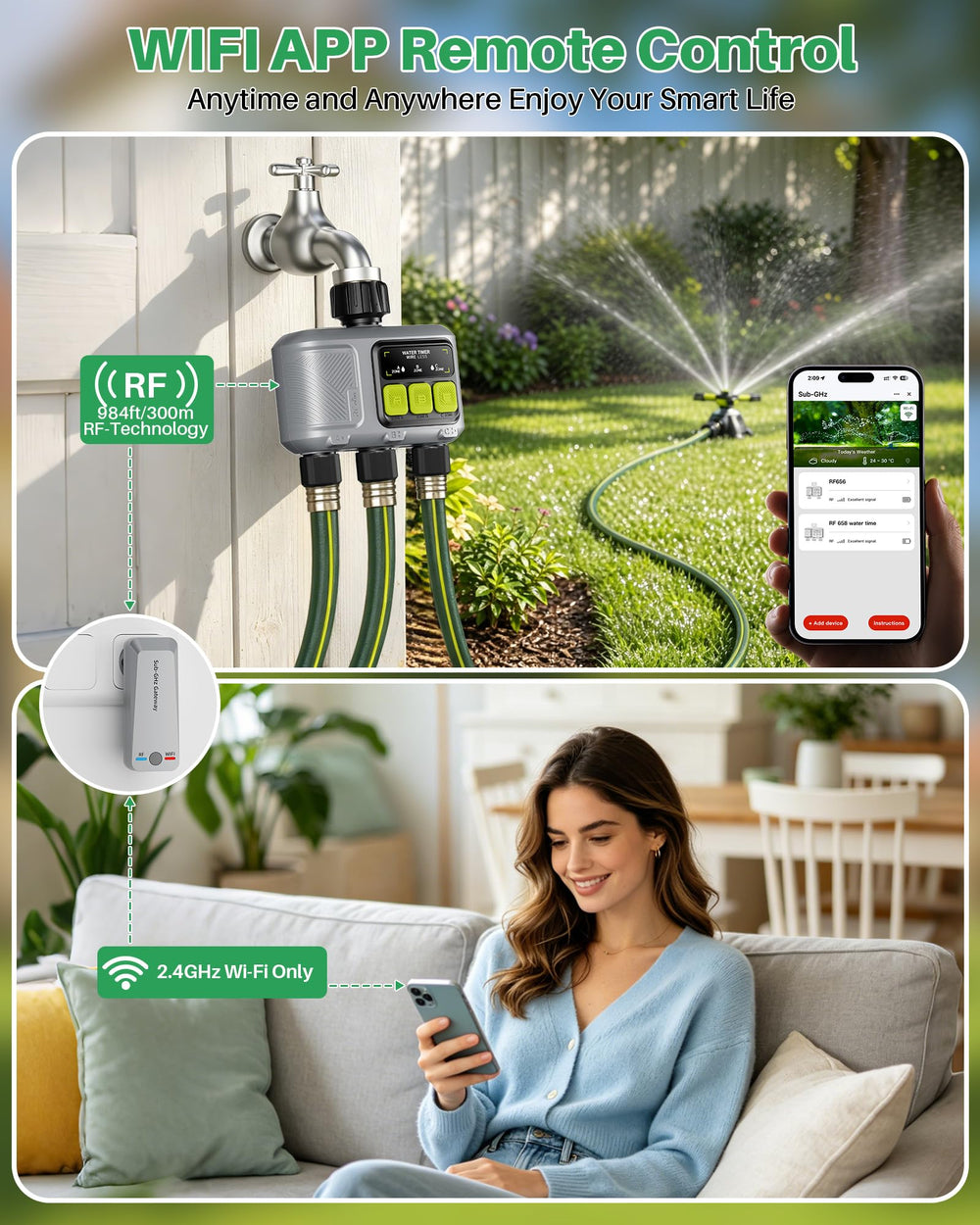 Xtsuen in use with garden sprinkler demonstrating automated watering convenience