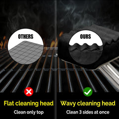 XUDAKAIXIN brush in use creating steam on hot grill grate benefit: lifts stubborn residue