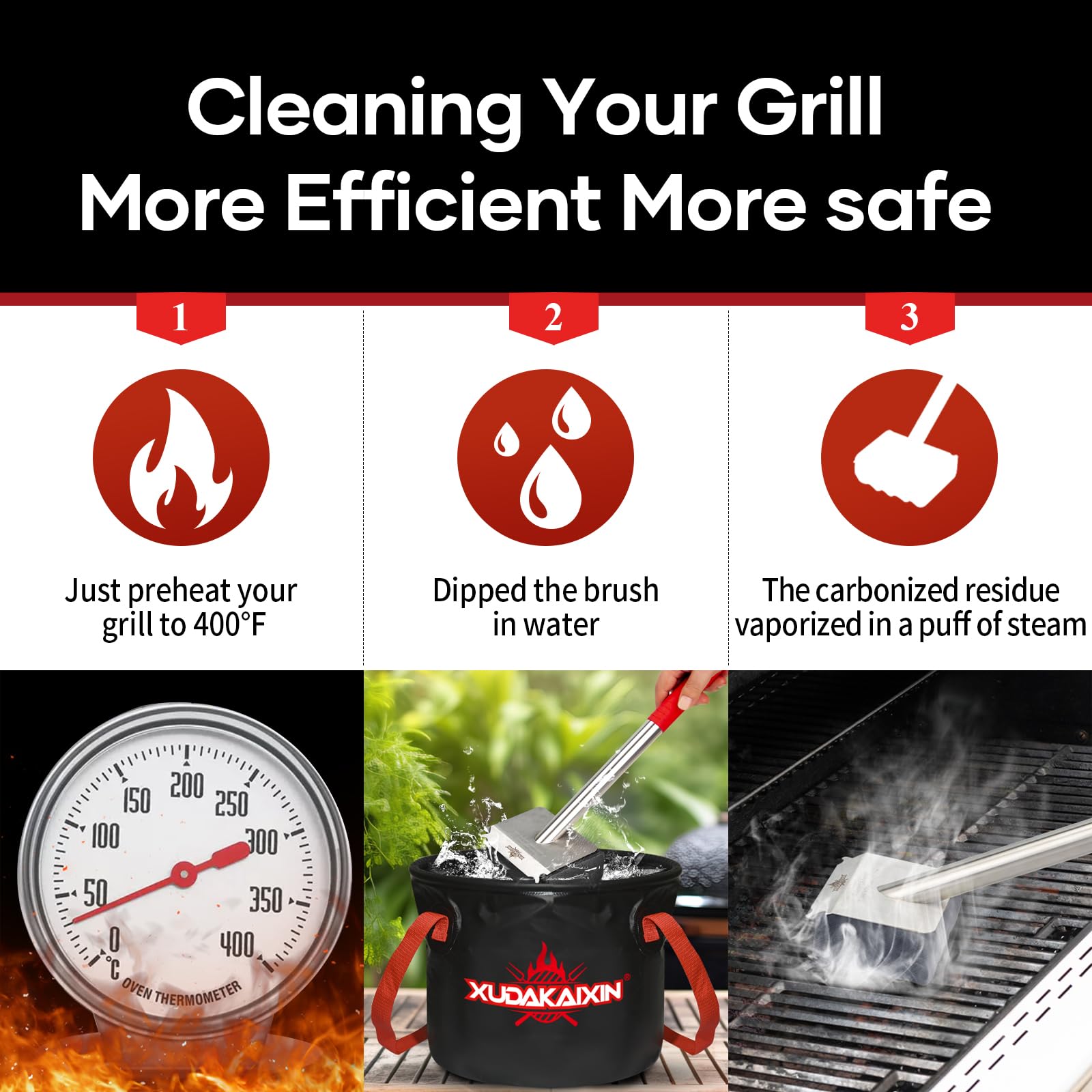 XUDAKAIXIN brush next to grill grate for scale benefit: shows appropriate cleaning size