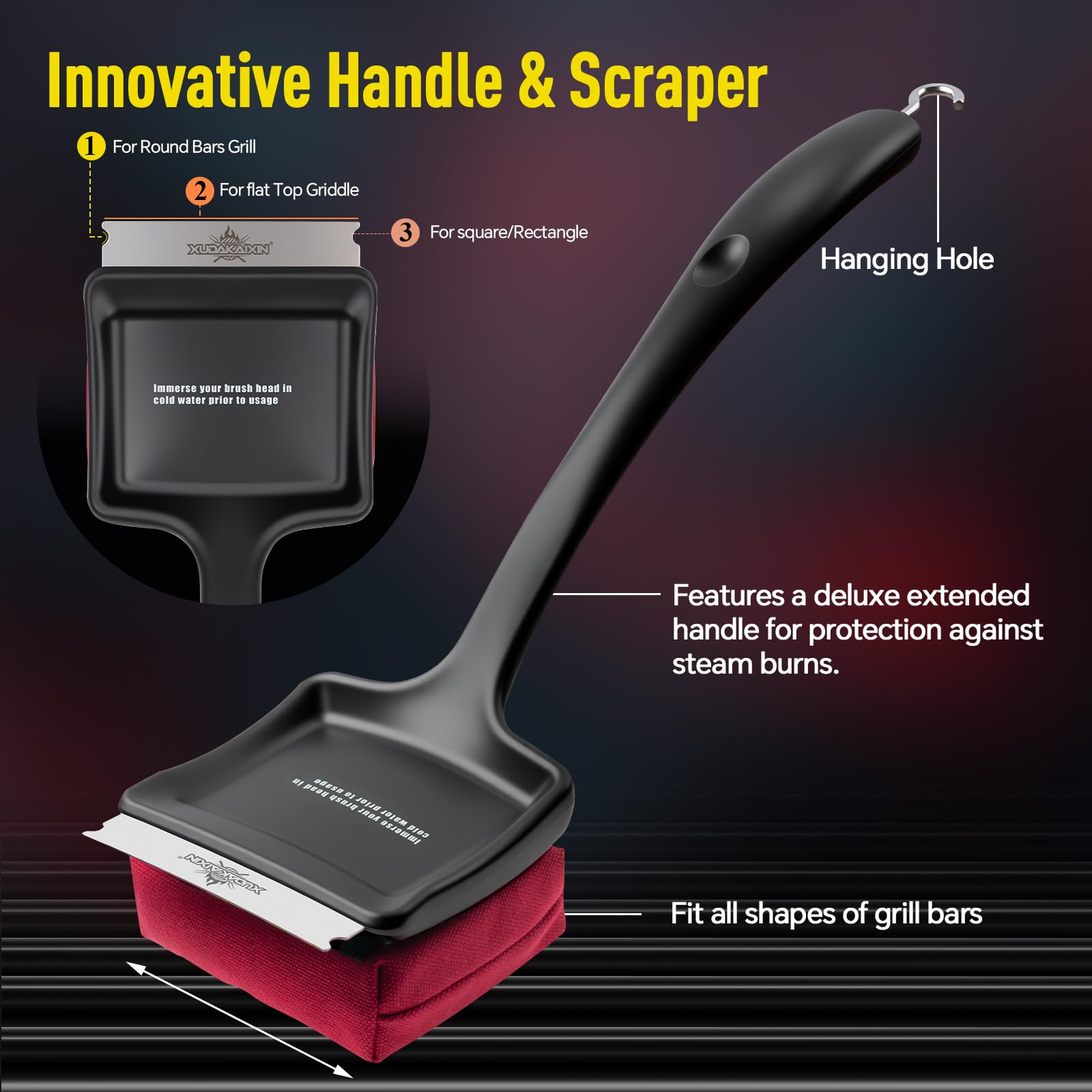 XUDAKAIXIN brush next to grill illustrating 19-inch reach and leverage