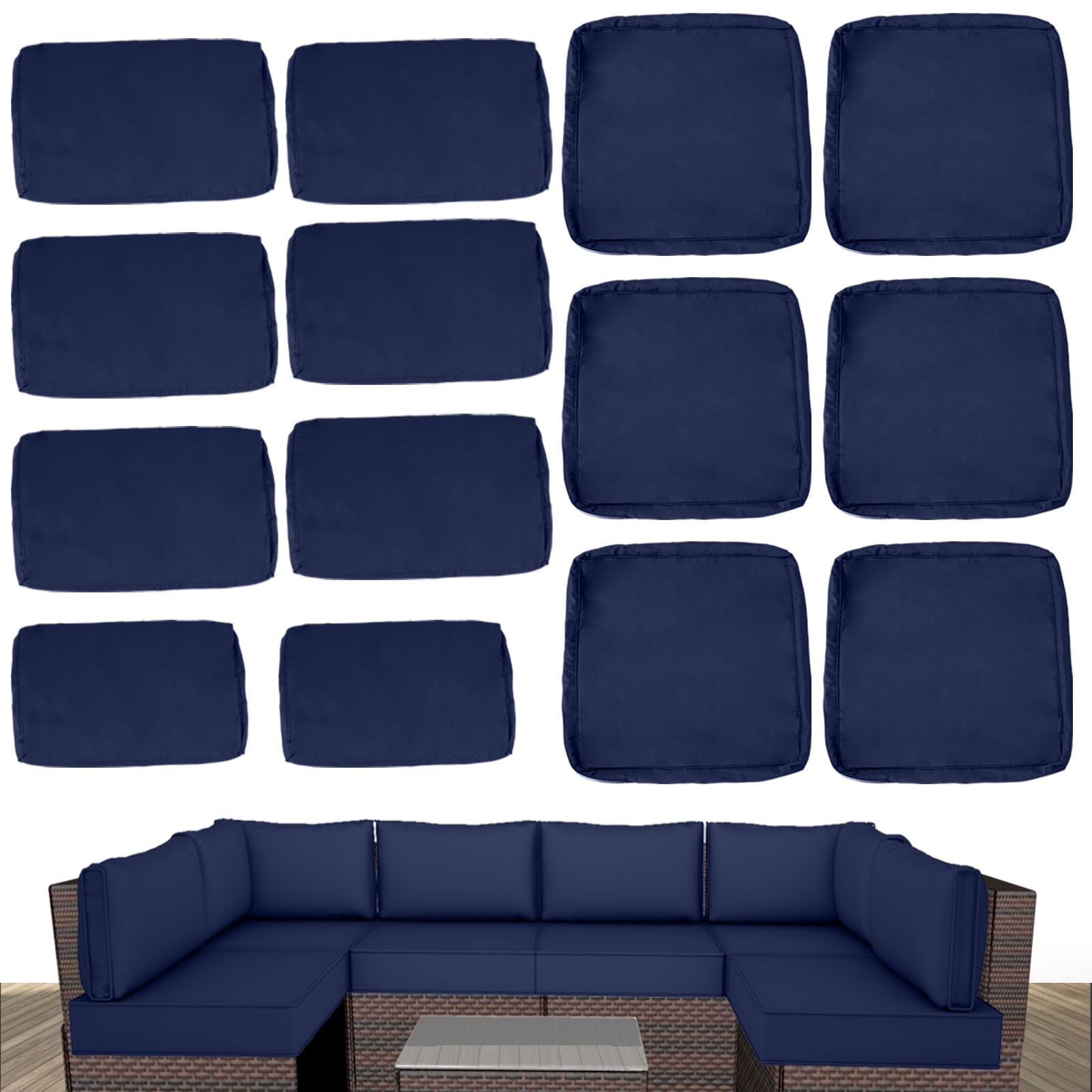 XX xfasd front view of navy 7-piece outdoor cover set shows cohesive style and protection