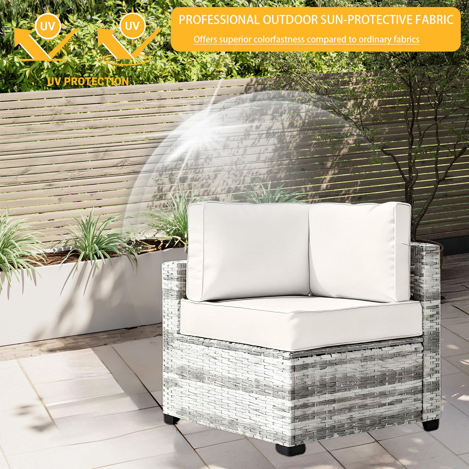 XX xfasd beige covers installed on patio rattan sofa for refreshed outdoor seating