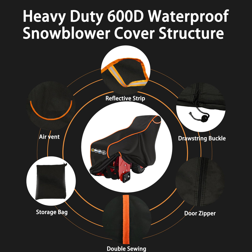 XXCXX covered snowblower in driveway illustrating outdoor protection and visibility