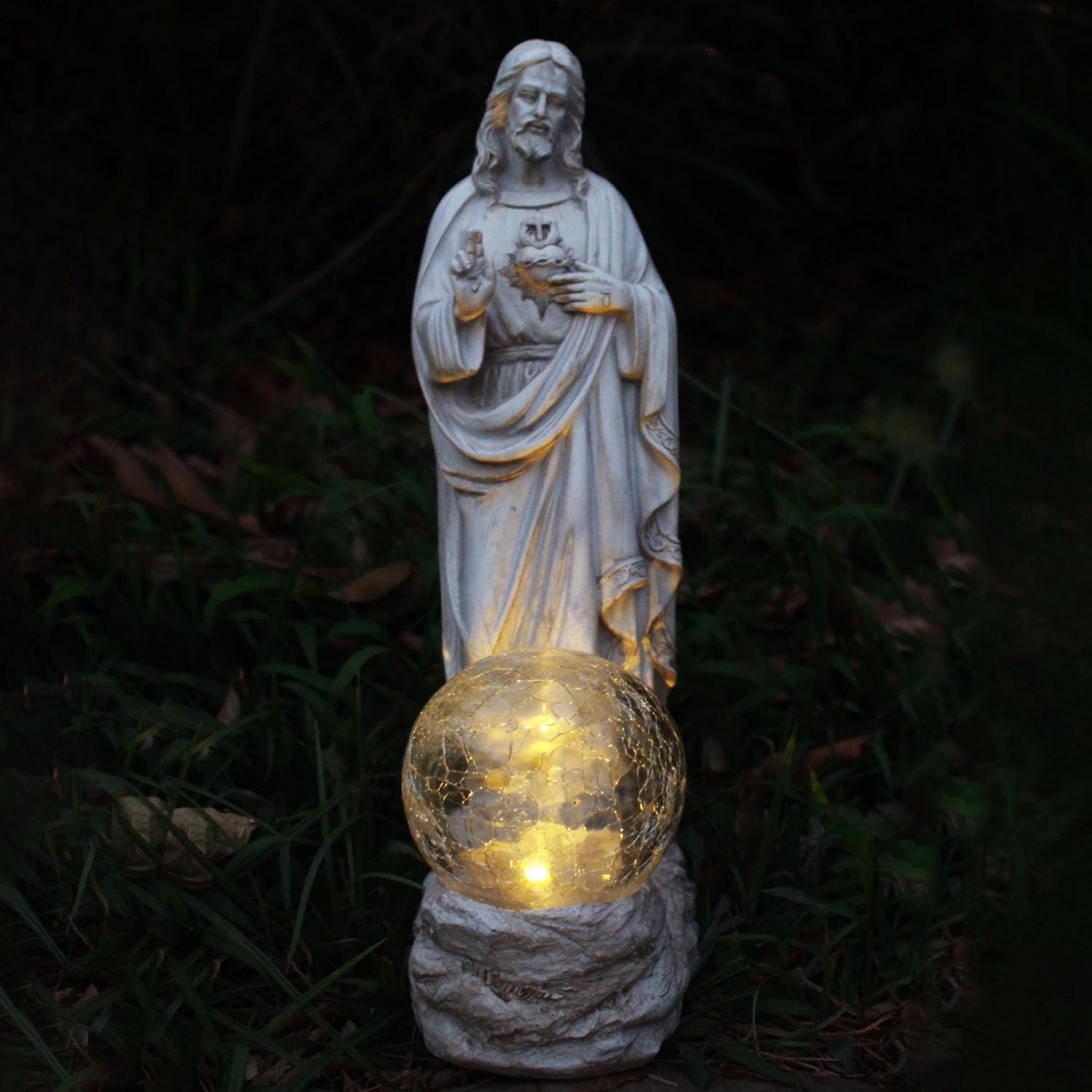 xxoasis front view of statue showing Sacred Heart and natural stone finish for devotional display