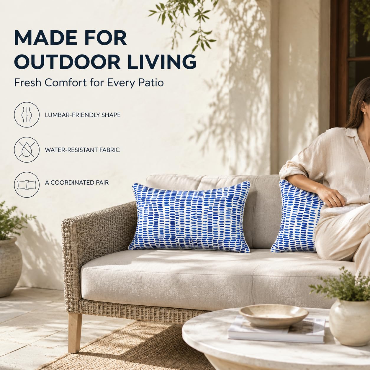 XXPILOS styled on patio bench showing decorative appeal and durability