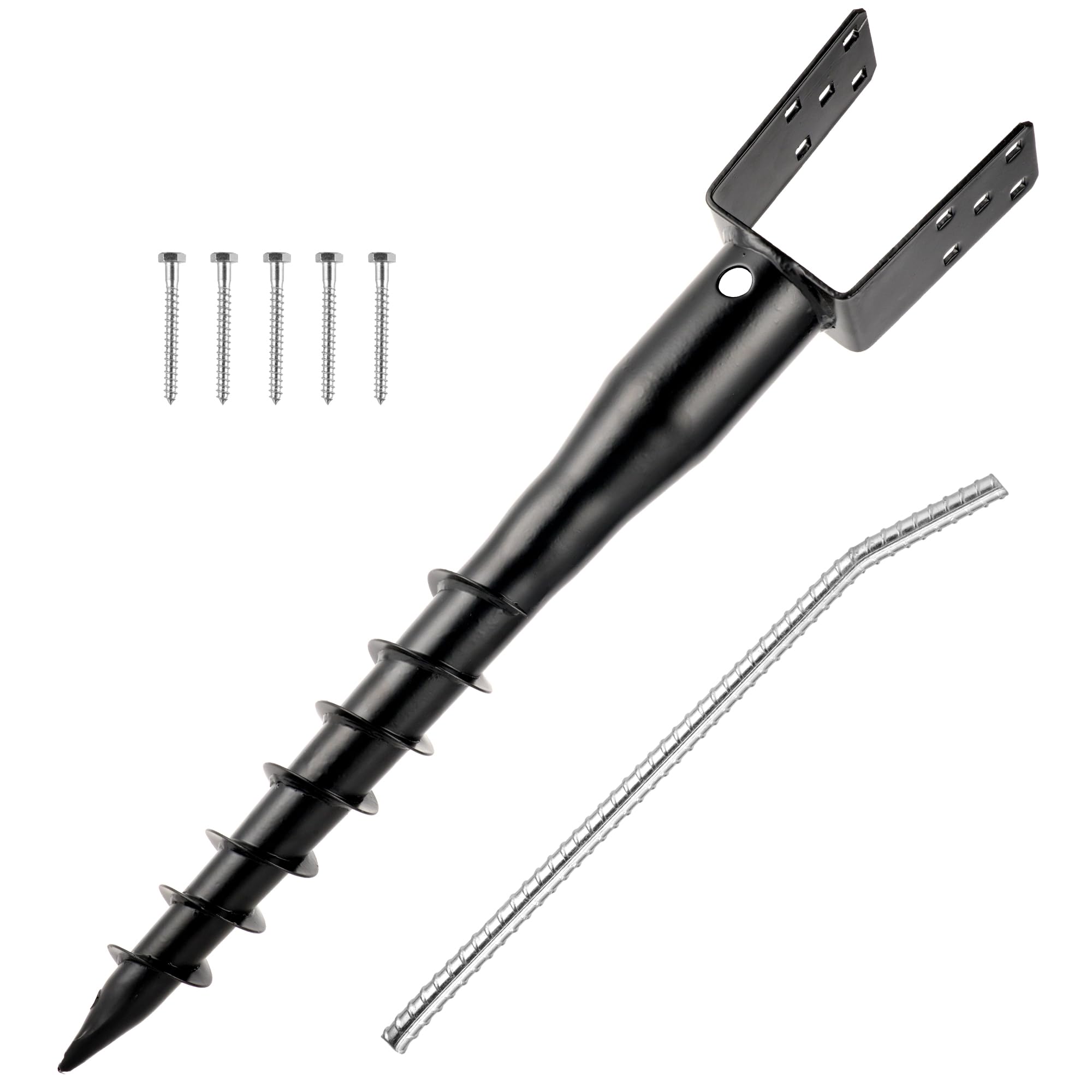 XYADX front view of black U-shaped ground screw anchor showing sturdy steel