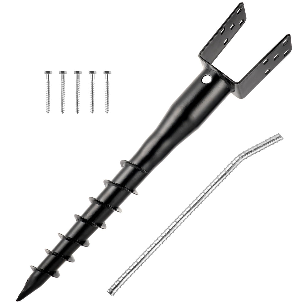 XYADX front view of black U-shaped ground screw anchor showing sturdy steel