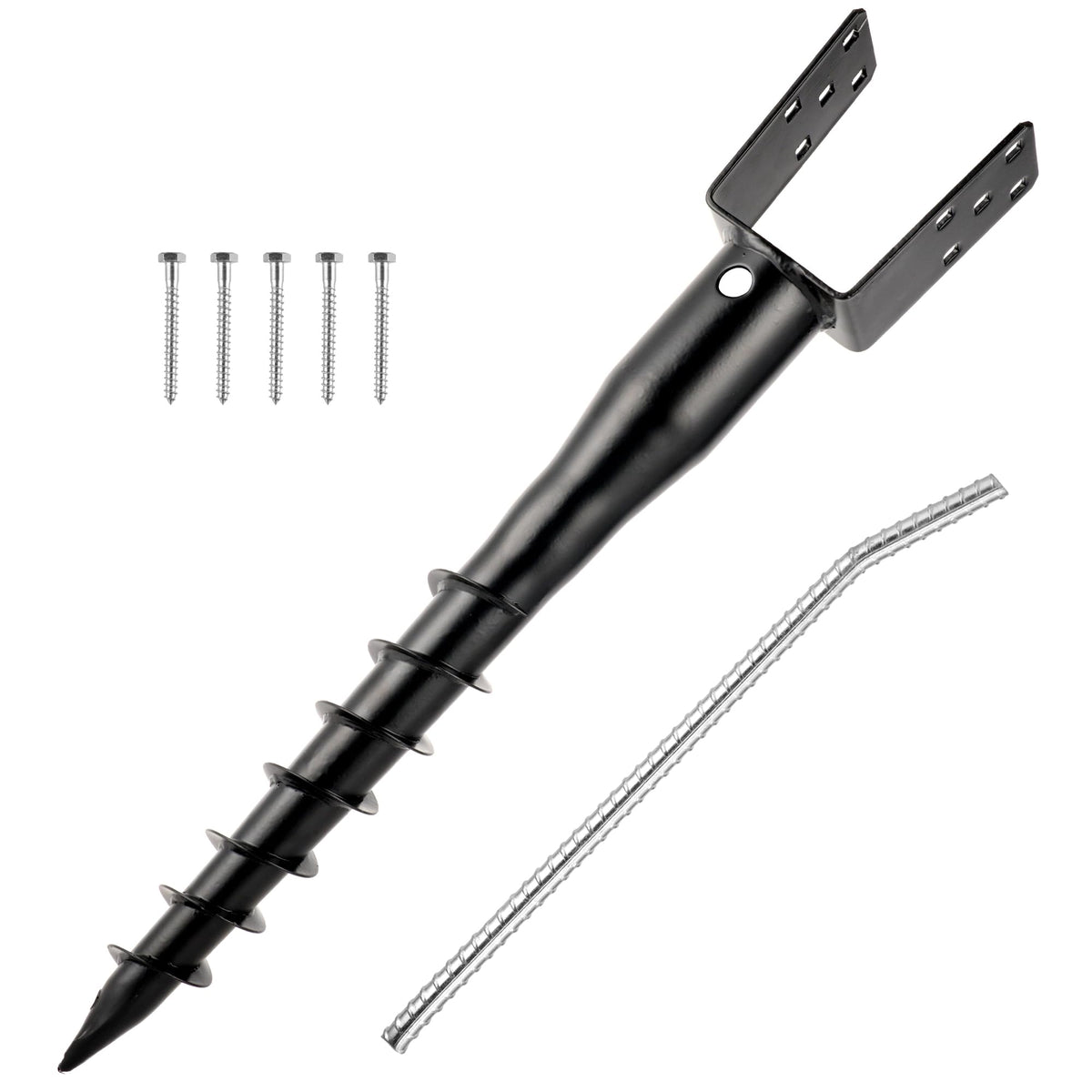 XYADX front view of black U-shaped ground screw anchor showing sturdy steel