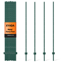 XYADX front view of ten green 7ft U-posts showing pack and elevation for quick setup