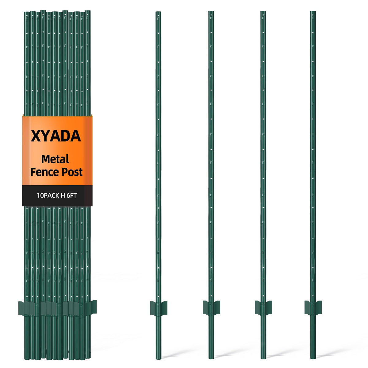 XYADX front view of ten green metal posts showing pack advantage