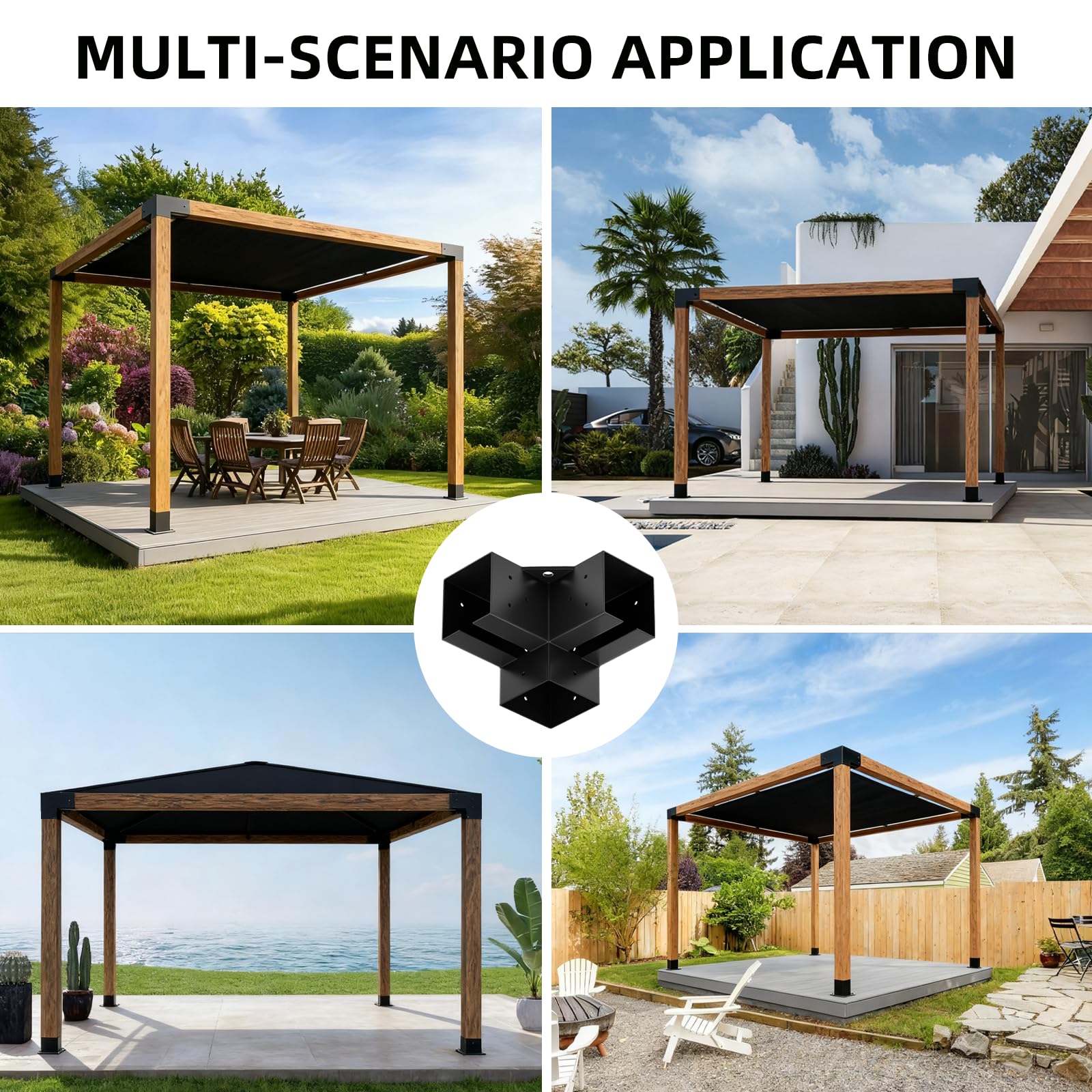 XYADX brackets used in a patio pergola highlighting comfortable shaded outdoor living