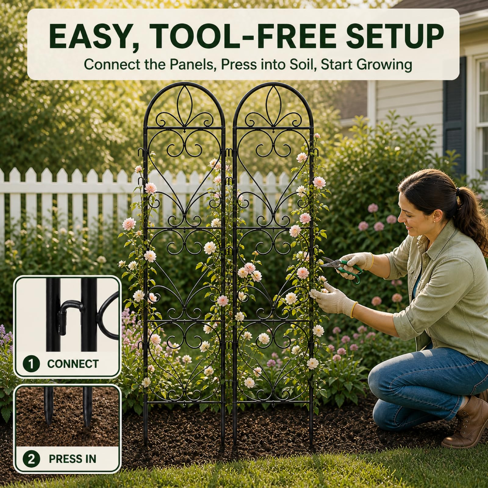 XYCCRX trellis in large planter on patio creating vertical garden benefit