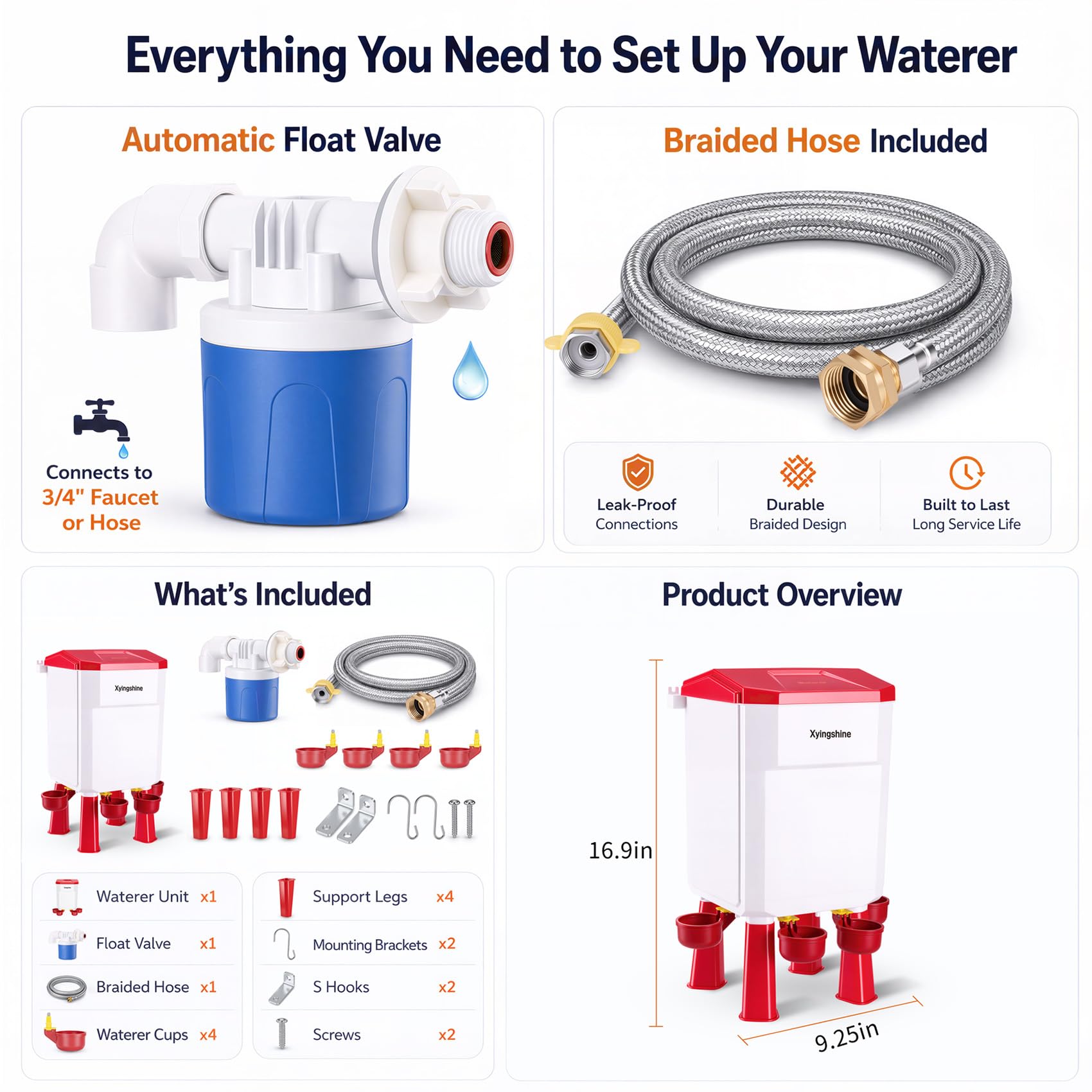Xyingshine waterer hanging in coop to show hands-free watering convenience for flocks