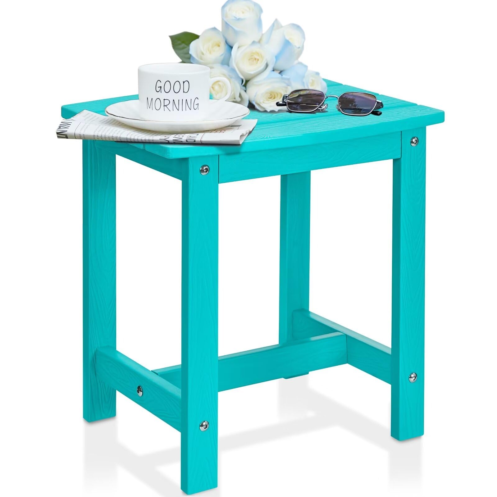Y&M Aruba Blue front view showing compact outdoor table and sturdy design