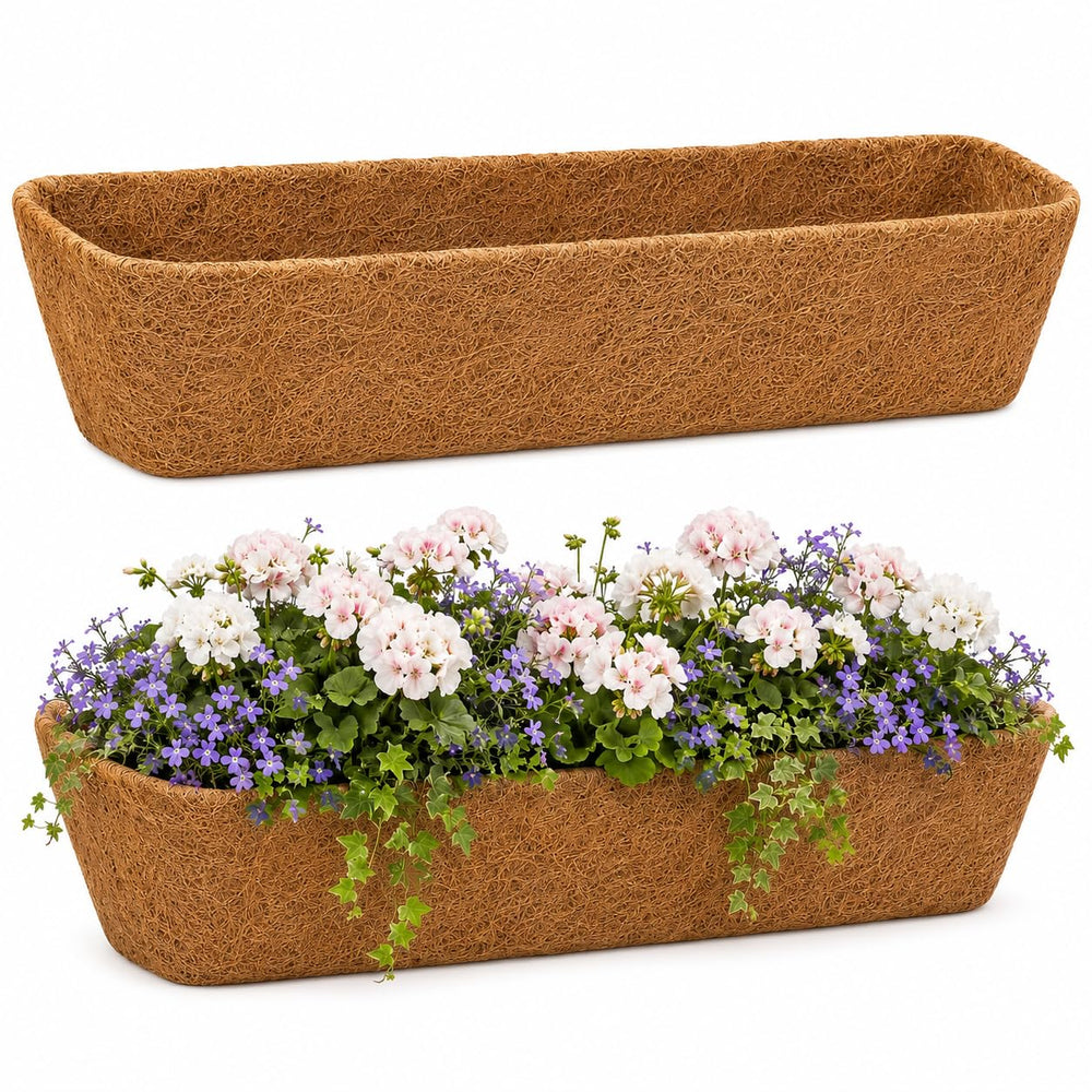 Y&M front packaging of 30 inch coco liners shows product and eco benefit