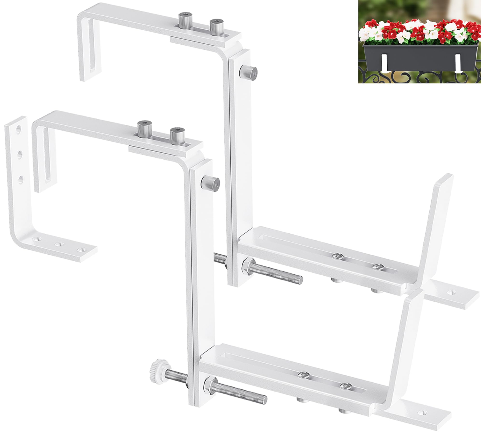Y&M front view of two white planter brackets showing compact packaging and durability