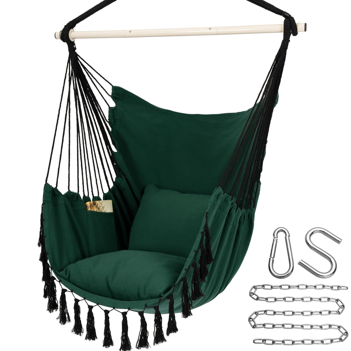Y- STOP front view of green hammock chair showing full macrame design and comfort