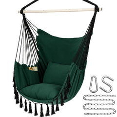 Y- STOP front view of green hammock chair showing full macrame design and comfort