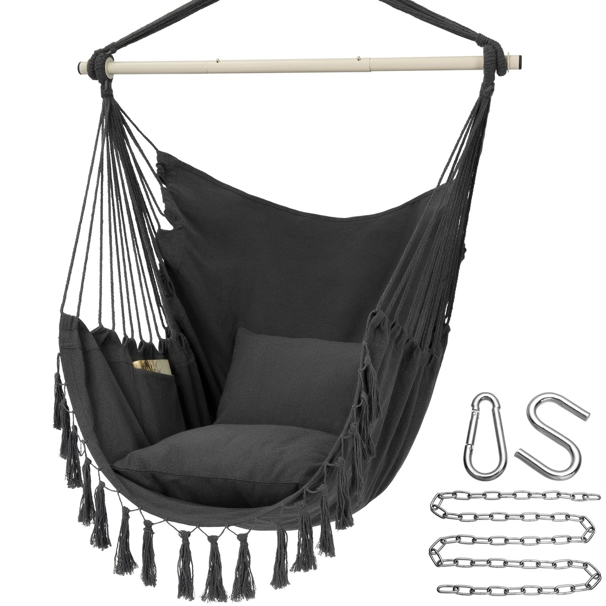 Y-STOP front view of hanging chair showing comfortable design and large seating