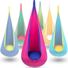 Y- STOP front view of pod swing showing cozy seat and secure design benefit