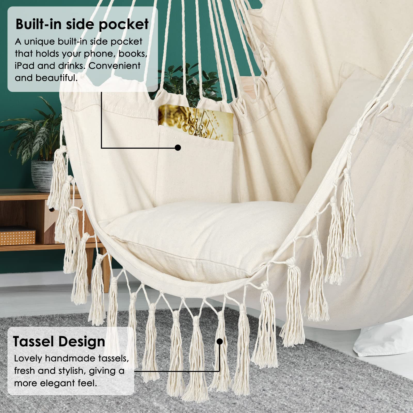 Y- STOP macramé rope and spreader bar detail showing sturdy craftsmanship and stability