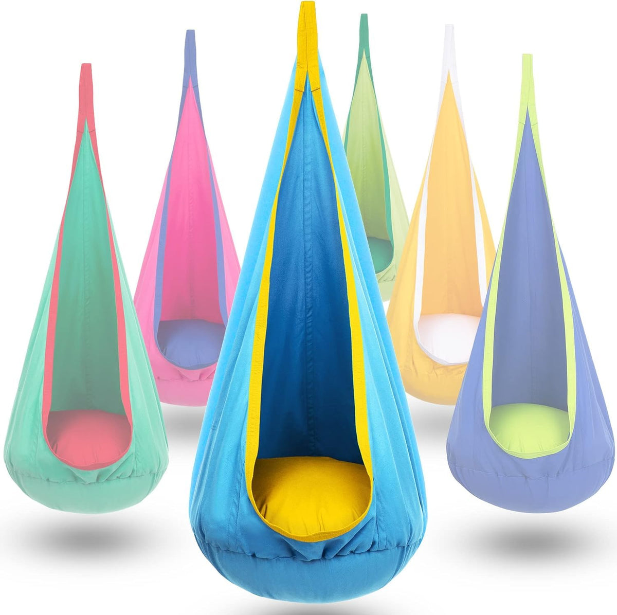Y-STOP pod swing front view showing cozy enclosed seat comfort