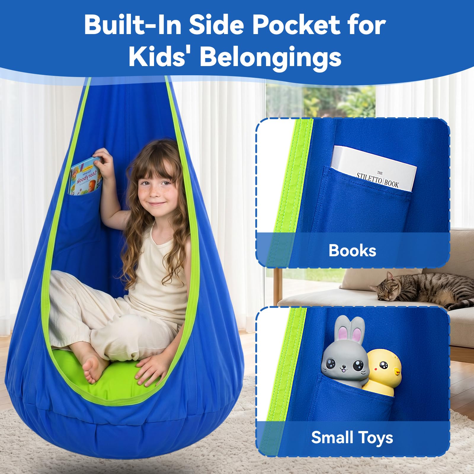 Y- STOP pod swing hung from a backyard tree creating a shaded outdoor retreat