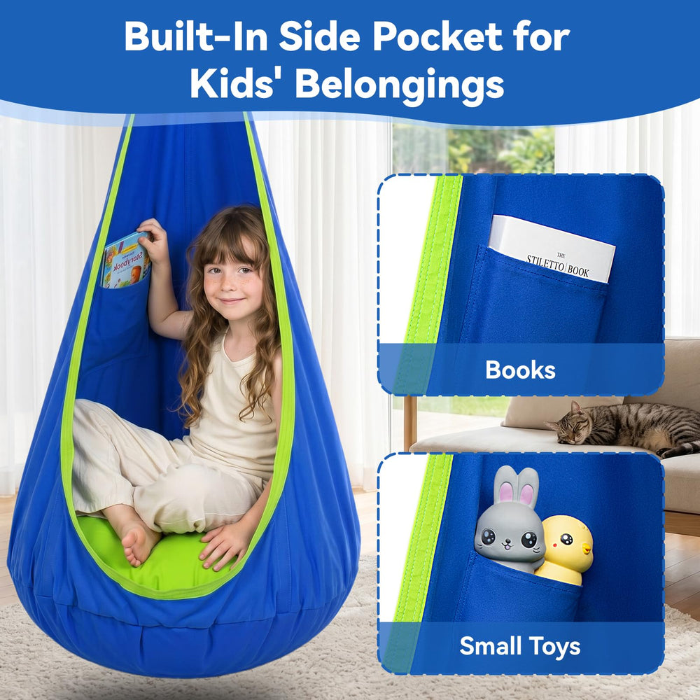 Y- STOP pod swing hung from a backyard tree creating a shaded outdoor retreat