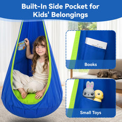 Y- STOP pod swing hung from a backyard tree creating a shaded outdoor retreat