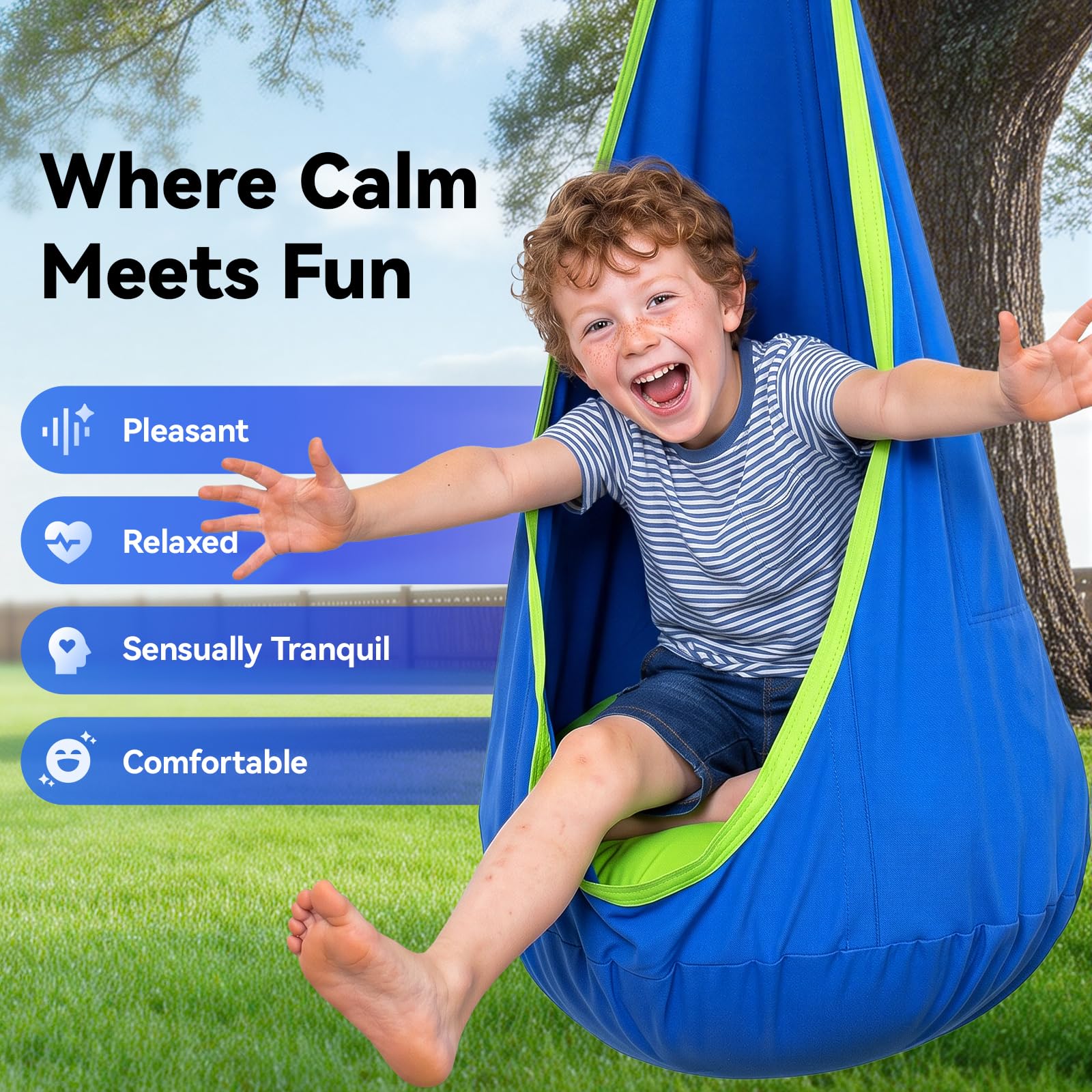 Y- STOP pod swing next to a child for scale to show size and weight capacity safety