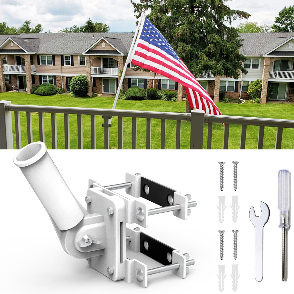 YAARHEJ front view of white flag pole holder showing bracket profile and mounting points for easy display