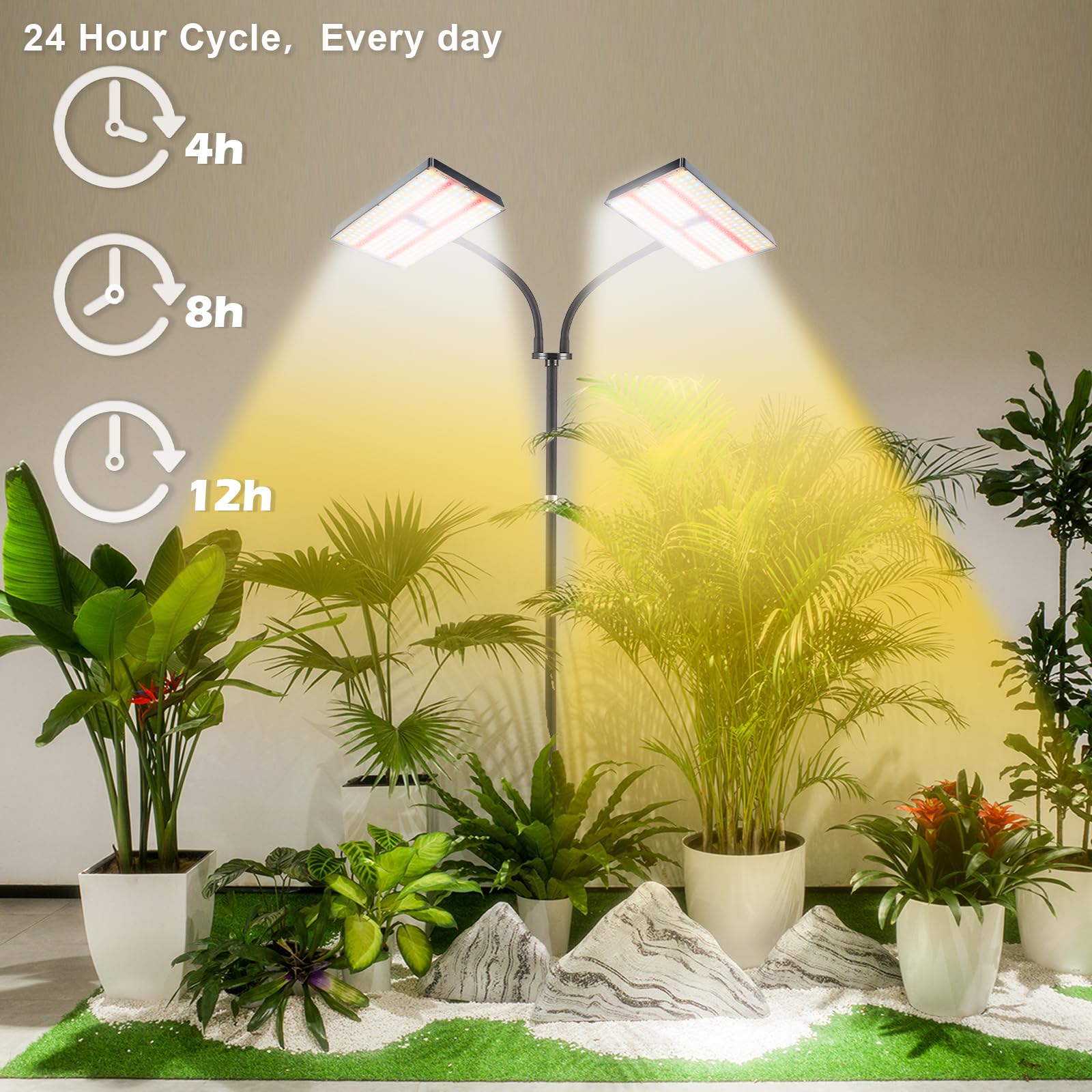 yadoker lamp illuminating a tall indoor plant to promote consistent growth benefit