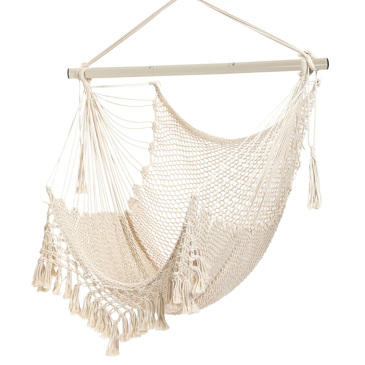 YAERSI hammock chair front view showing roomy beige seat and spreader bar comfort