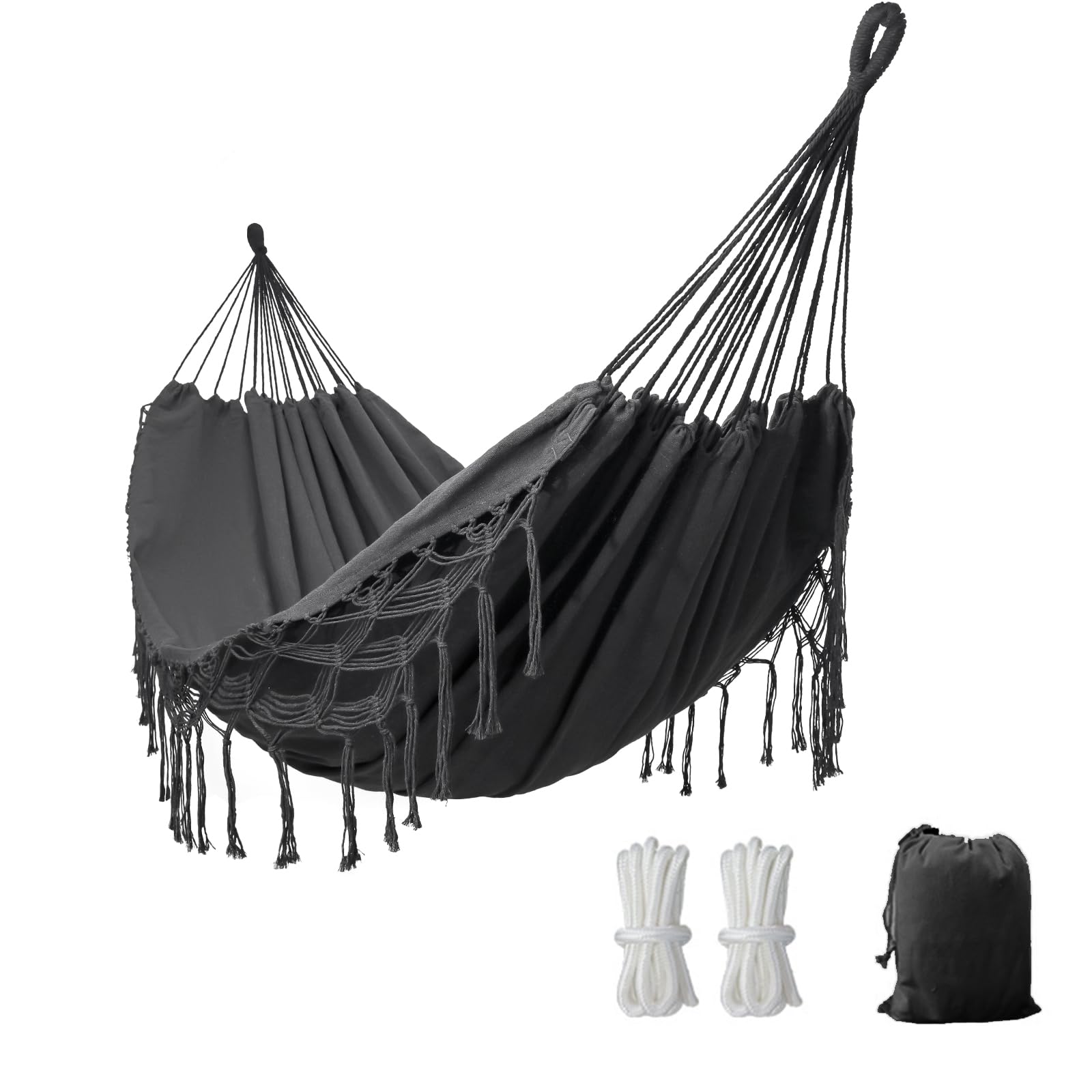 YAERSI front view of hammock showing full dark grey bed and macrame look for comfortable lounging