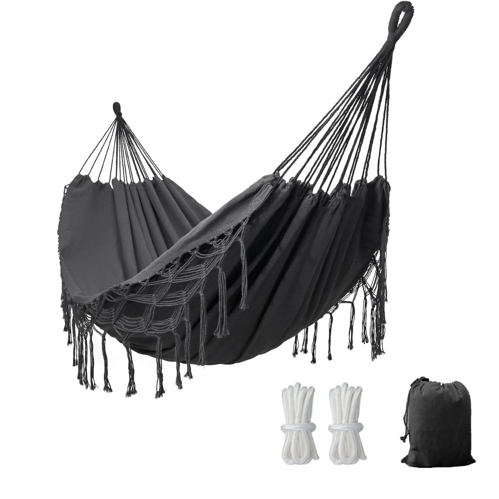 YAERSI front view of hammock showing full dark grey bed and macrame look for comfortable lounging