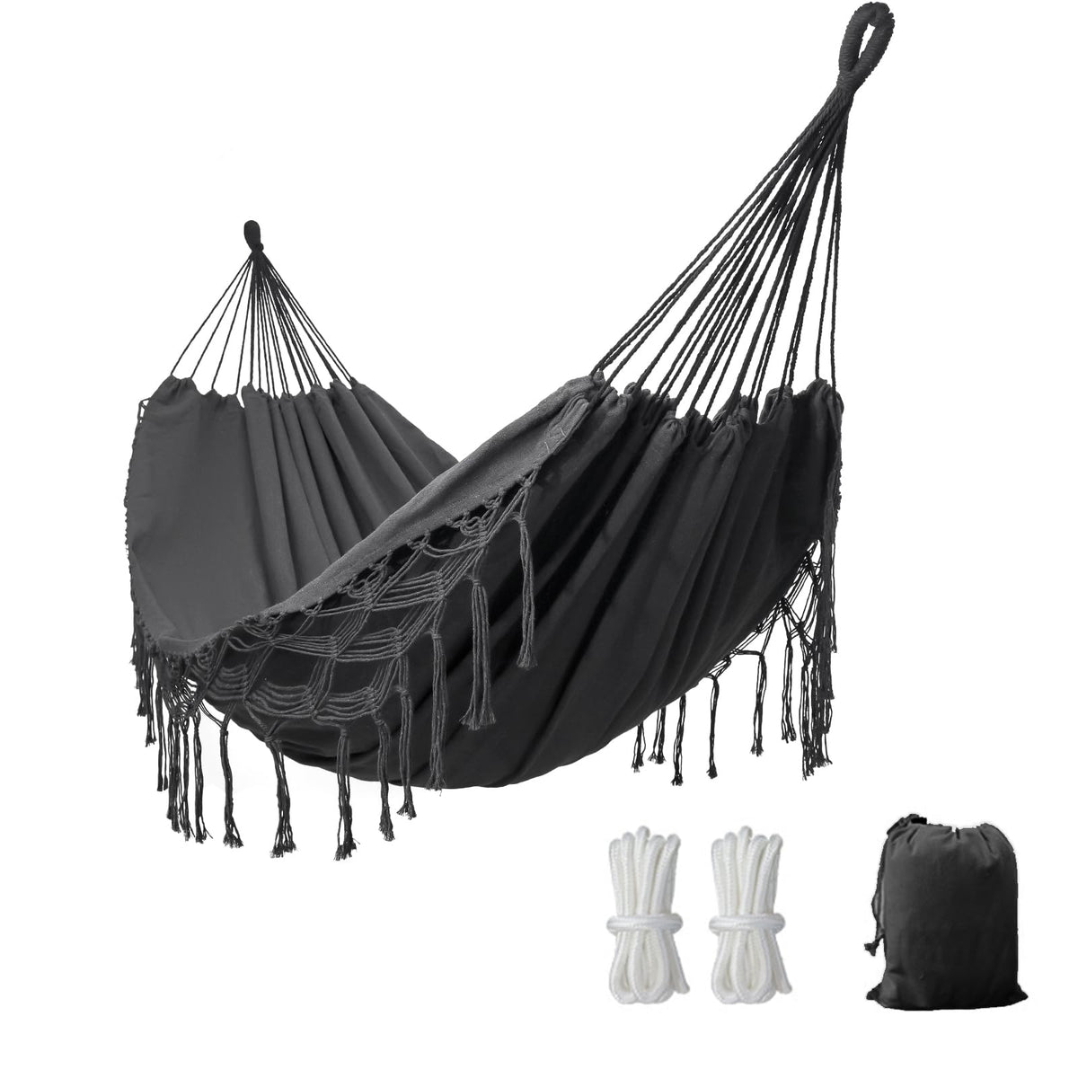 YAERSI front view of hammock showing full dark grey bed and macrame look for comfortable lounging