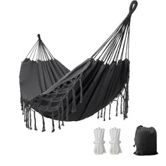 YAERSI front view of hammock showing full dark grey bed and macrame look for comfortable lounging