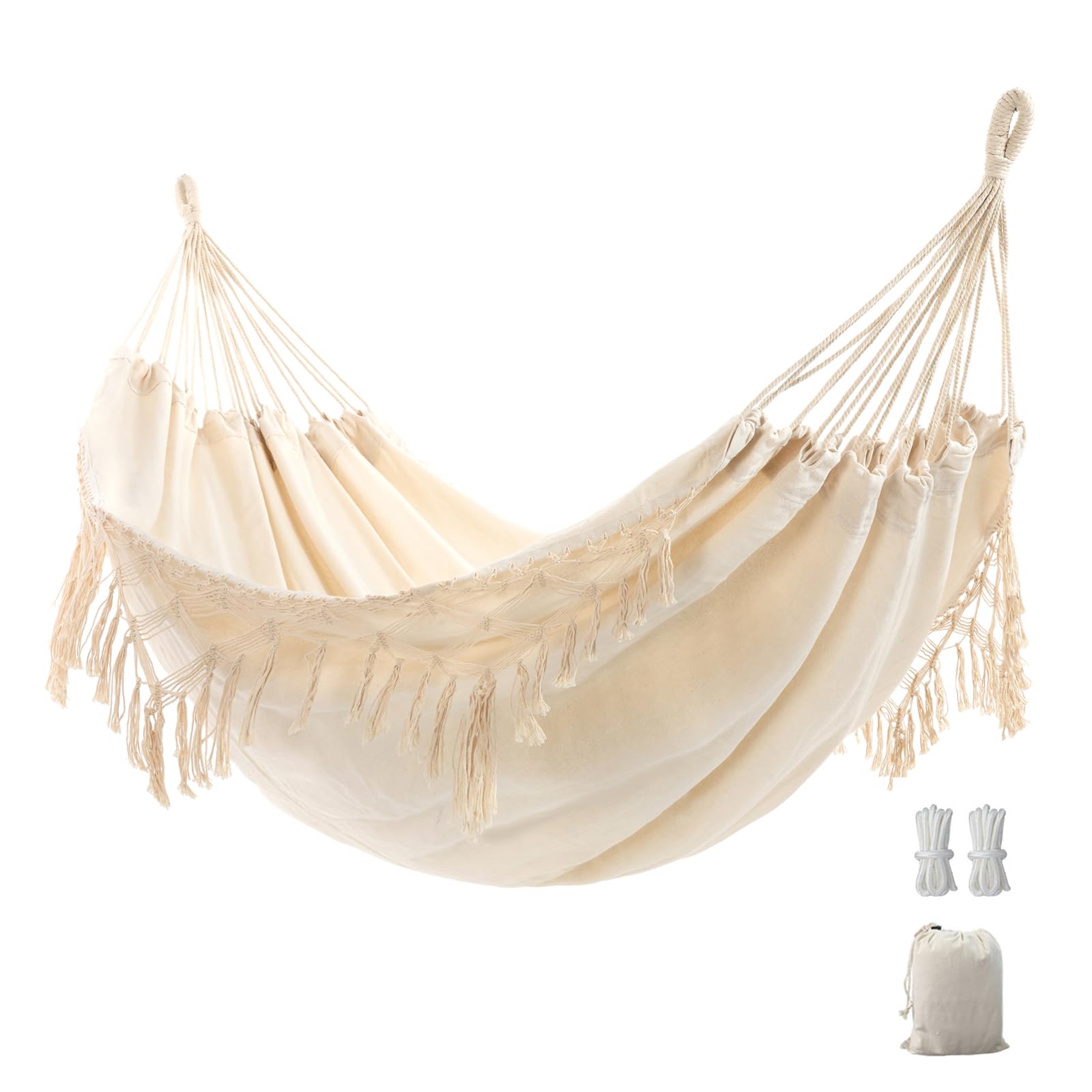 YAERSI hammock front view showing full bed and boho tassels, adds relaxing outdoor style