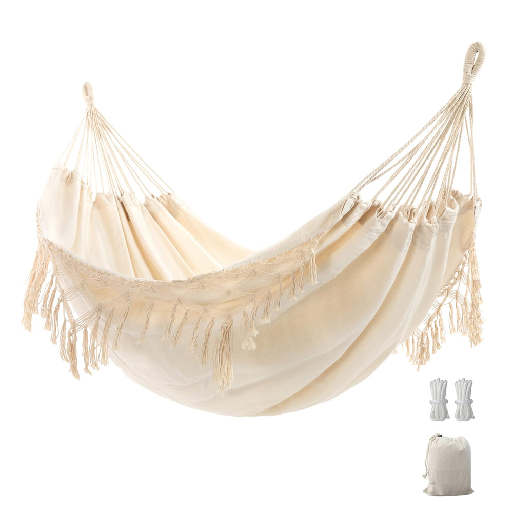 YAERSI hammock front view showing full bed and boho tassels, adds relaxing outdoor style