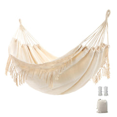 YAERSI hammock front view showing full bed and boho tassels, adds relaxing outdoor style