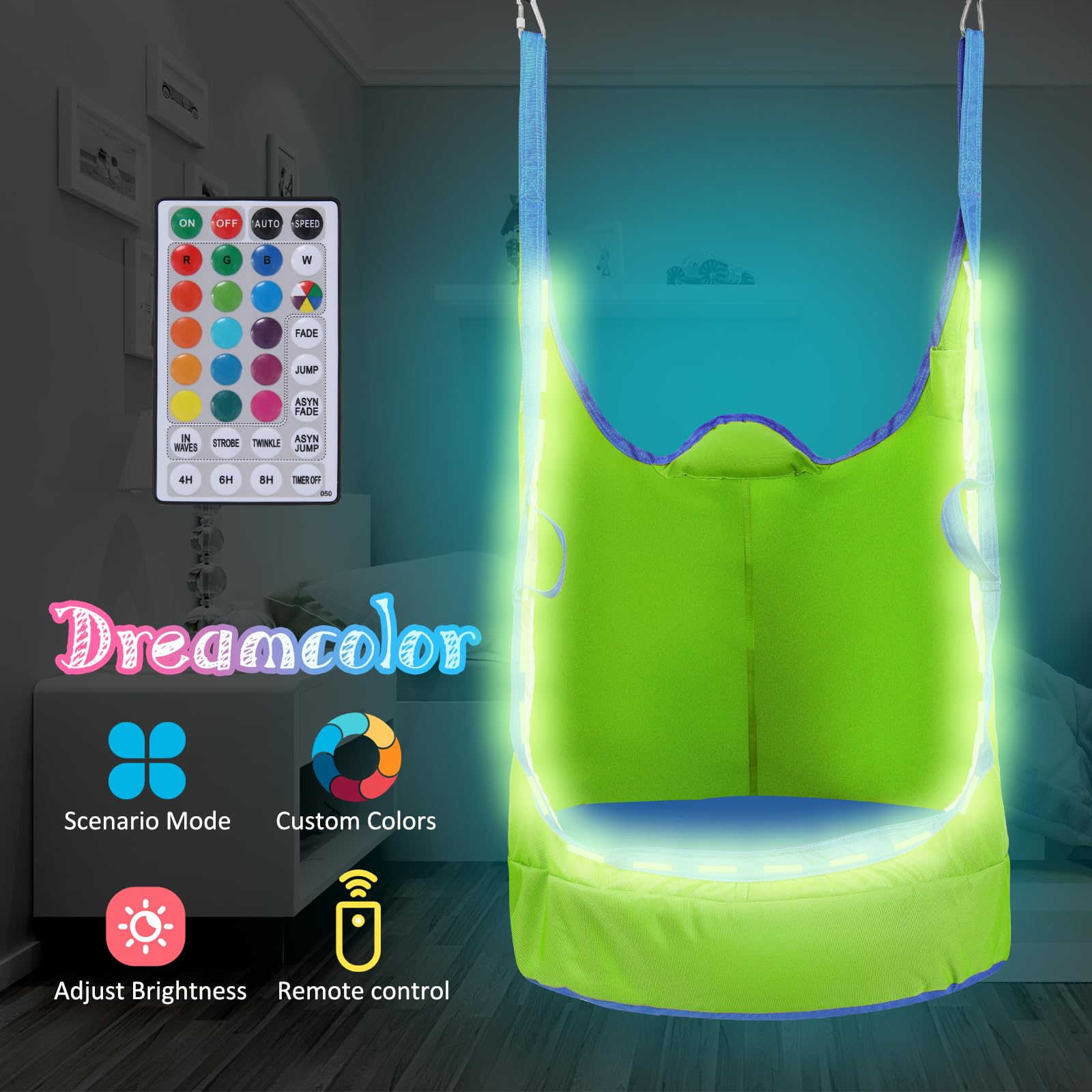 YAERSI LED lights lit inside pod to create playful calming ambiance