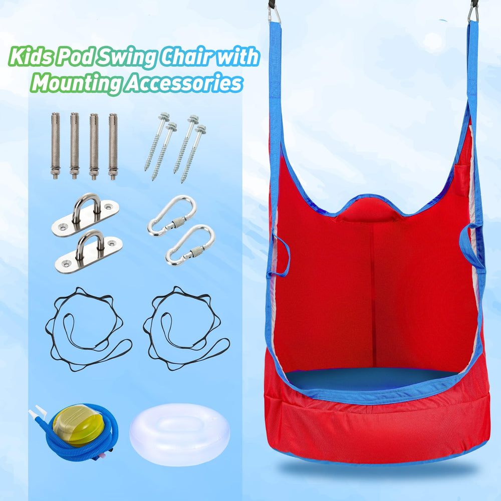 YAERSI pod swing hung from tree in backyard showing outdoor use and portability