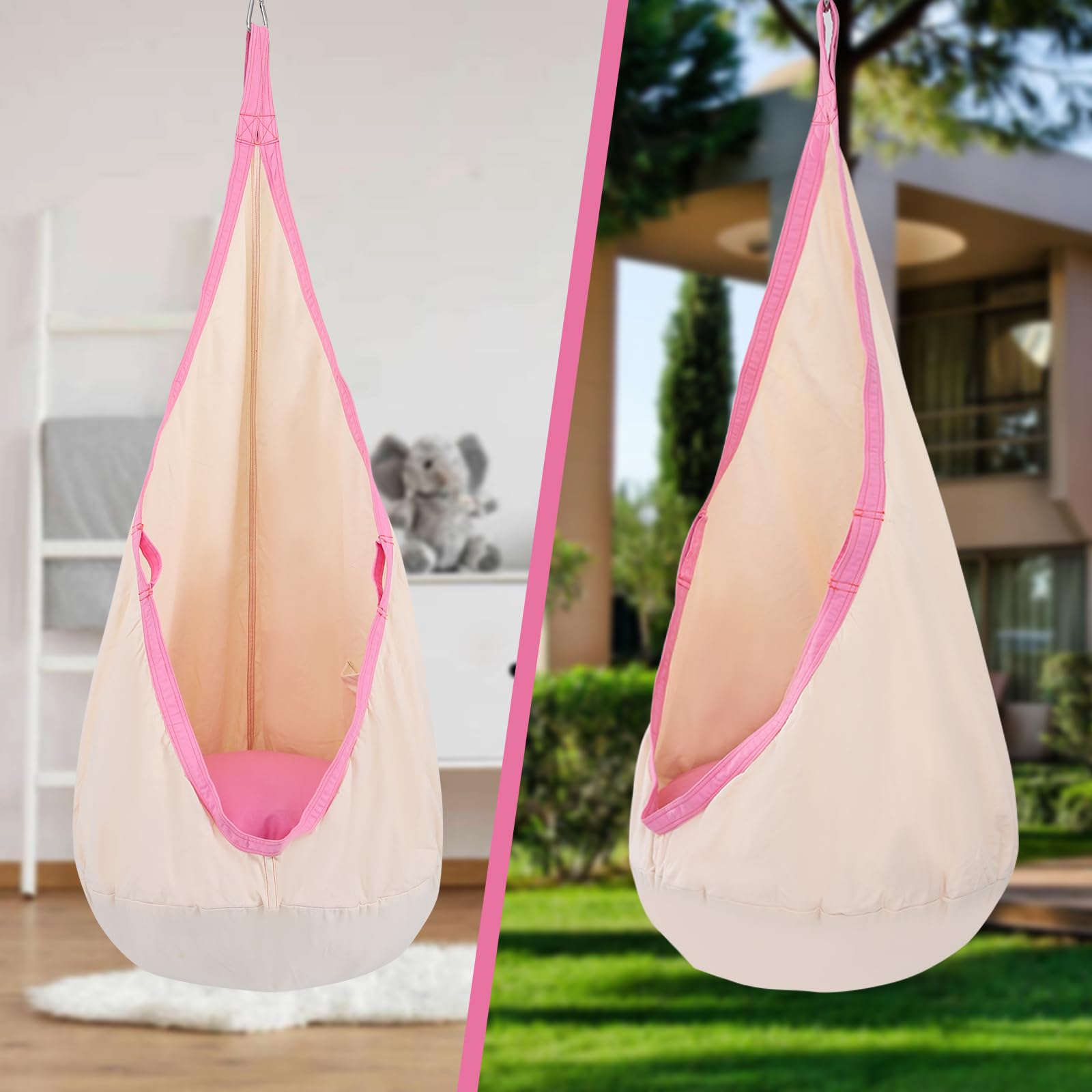 YAERSI pod swing beside a chair for scale showing compact footprint and fit