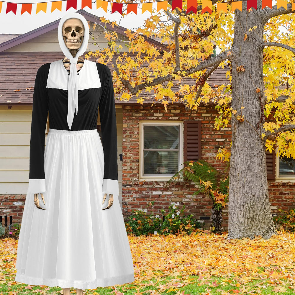 Yahenda 12ft skeleton wearing pilgrim costume in yard, boosts curb appeal