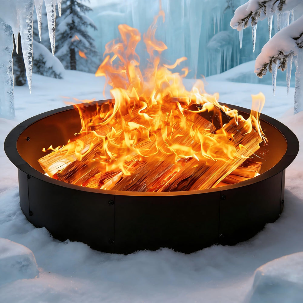 YAHKBTEN front view of 36-inch fire pit ring showing sturdy containment and easy setup