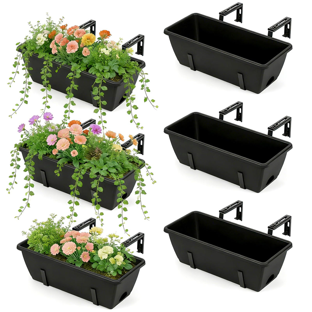 YAHKBTEN front view of six black planter boxes showing neat organized display